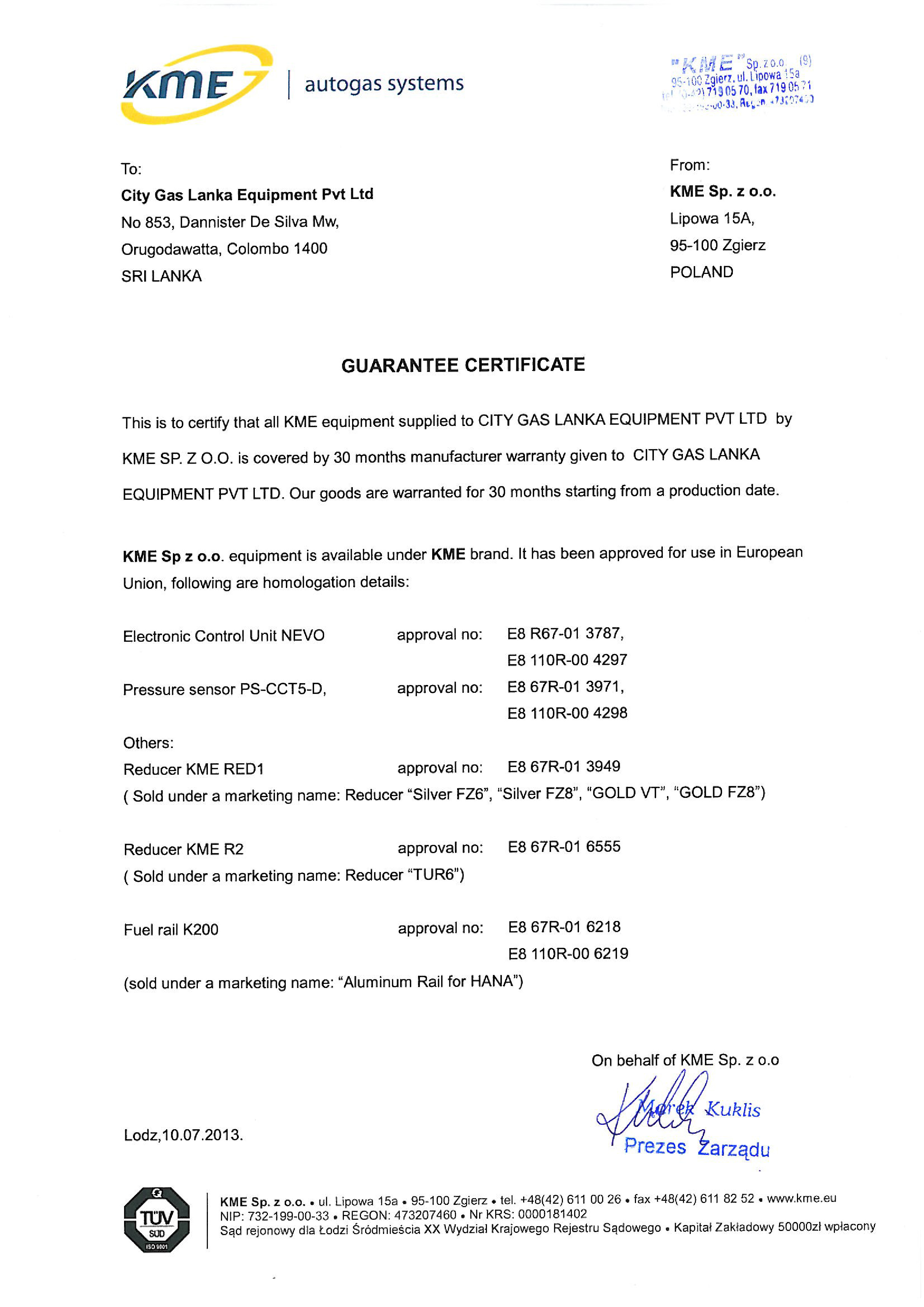 CERTIFICATE OF GUARANTEE FOR CITY GAS LANKA-01